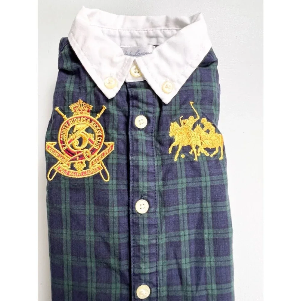 Ralph Lauren Plaid Embroidered Crest Jockey Club Polo Button Up One Piece 3M